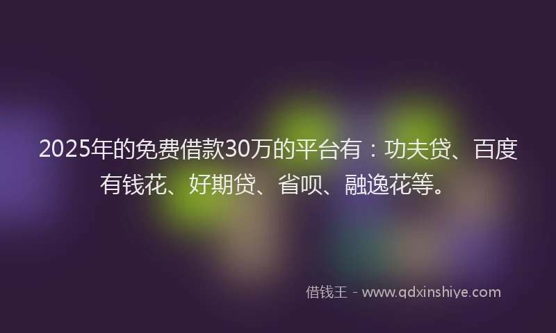 2025年的免费借款30万的平台有：功夫贷、百度有钱花、好期贷、省呗、融逸花等。
