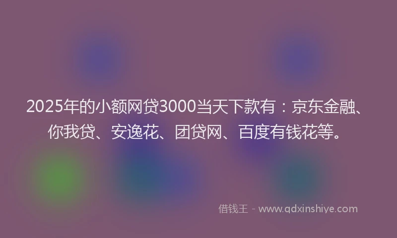 2025年的小额网贷3000当天下款有：京东金融、你我贷、安逸花、团贷网、百度有钱花等。
