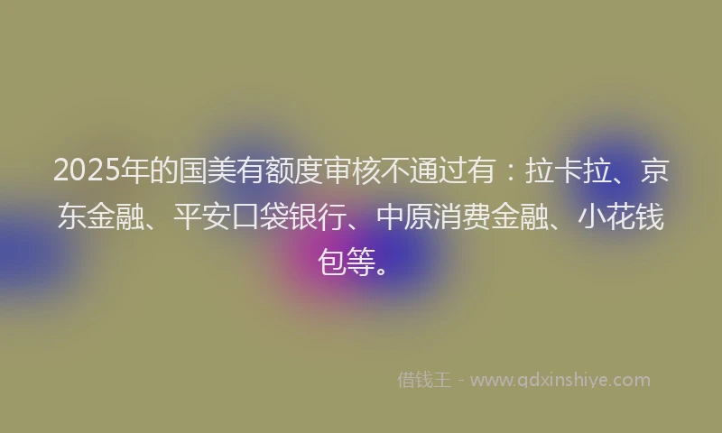 2025年的国美有额度审核不通过有：拉卡拉、京东金融、平安口袋银行、中原消费金融、小花钱包等。