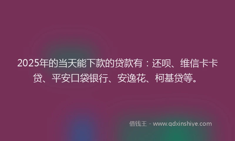 2025年的当天能下款的贷款有：还呗、维信卡卡贷、平安口袋银行、安逸花、柯基贷等。