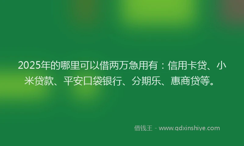 2025年的哪里可以借两万急用有：信用卡贷、小米贷款、平安口袋银行、分期乐、惠商贷等。