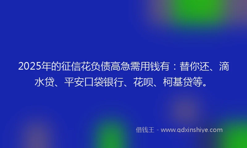 2025年的征信花负债高急需用钱有：替你还、滴水贷、平安口袋银行、花呗、柯基贷等。