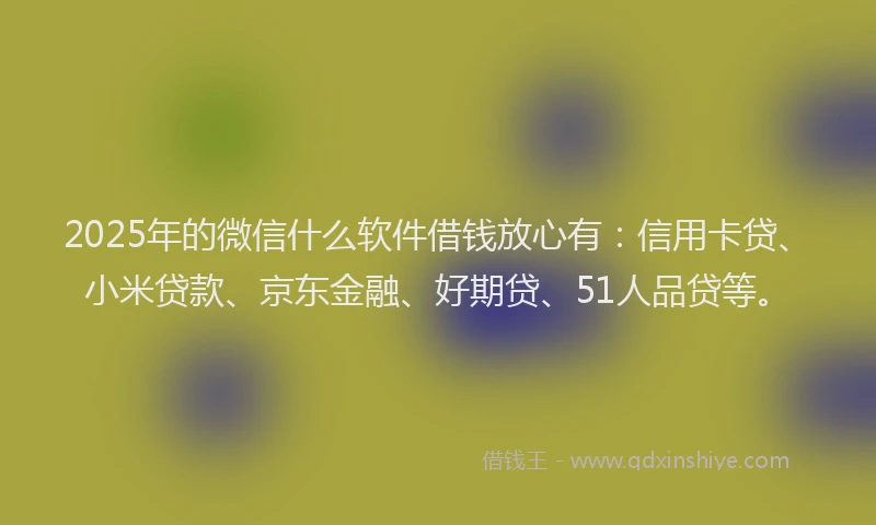 2025年的微信什么软件借钱放心有：信用卡贷、小米贷款、京东金融、好期贷、51人品贷等。