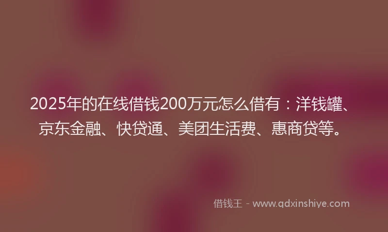 2025年的在线借钱200万元怎么借有：洋钱罐、京东金融、快贷通、美团生活费、惠商贷等。