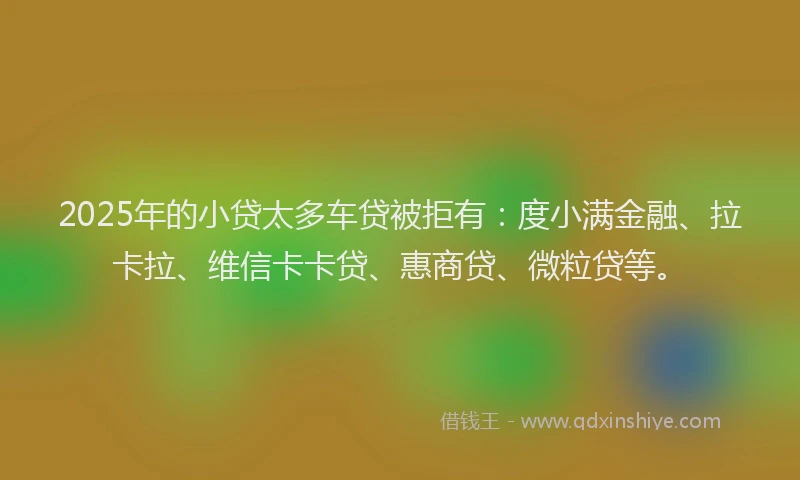 2025年的小贷太多车贷被拒有：度小满金融、拉卡拉、维信卡卡贷、惠商贷、微粒贷等。