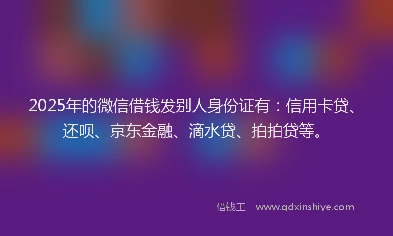 2025年的微信借钱发别人身份证有：信用卡贷、还呗、京东金融、滴水贷、拍拍贷等。