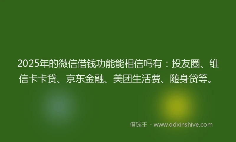 2025年的微信借钱功能能相信吗有：投友圈、维信卡卡贷、京东金融、美团生活费、随身贷等。