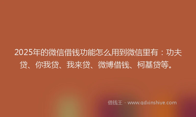 2025年的微信借钱功能怎么用到微信里有：功夫贷、你我贷、我来贷、微博借钱、柯基贷等。