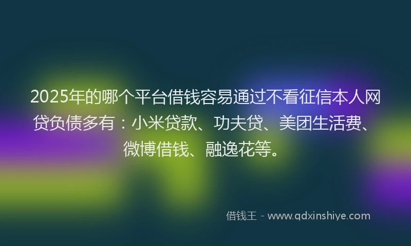 2025年的哪个平台借钱容易通过不看征信本人网贷负债多有：小米贷款、功夫贷、美团生活费、微博借钱、融逸花等。