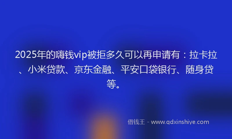 2025年的嗨钱vip被拒多久可以再申请有：拉卡拉、小米贷款、京东金融、平安口袋银行、随身贷等。
