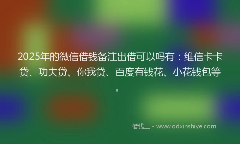 2025年的微信借钱备注出借可以吗有：维信卡卡贷、功夫贷、你我贷、百度有钱花、小花钱包等。