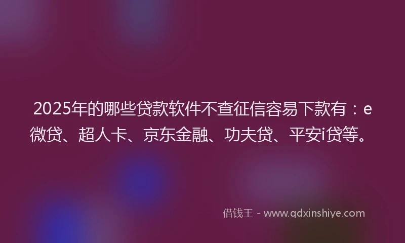 2025年的哪些贷款软件不查征信容易下款有：e微贷、超人卡、京东金融、功夫贷、平安i贷等。