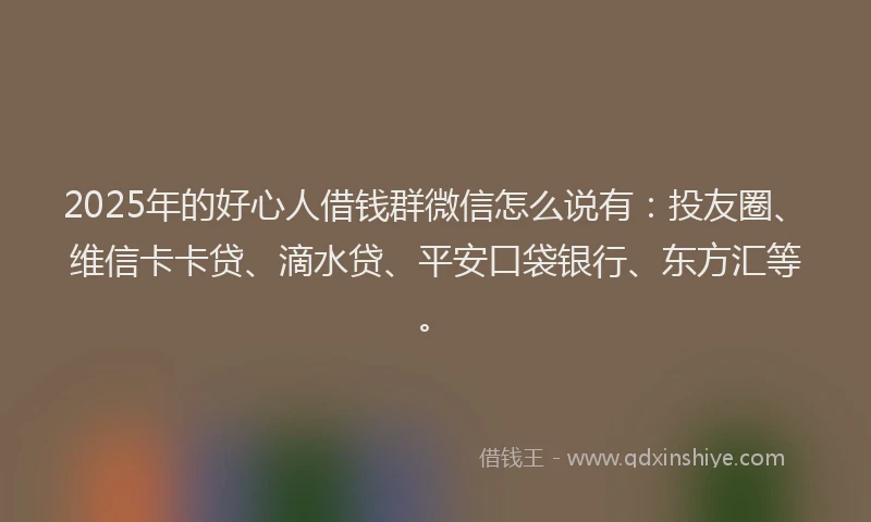 2025年的好心人借钱群微信怎么说有：投友圈、维信卡卡贷、滴水贷、平安口袋银行、东方汇等。