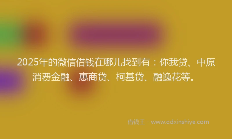 2025年的微信借钱在哪儿找到有：你我贷、中原消费金融、惠商贷、柯基贷、融逸花等。