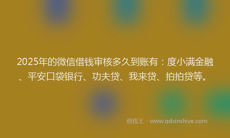 2025年的微信借钱审核多久到账有：度小满金融、平安口袋银行、功夫贷、我来贷、拍拍贷等。