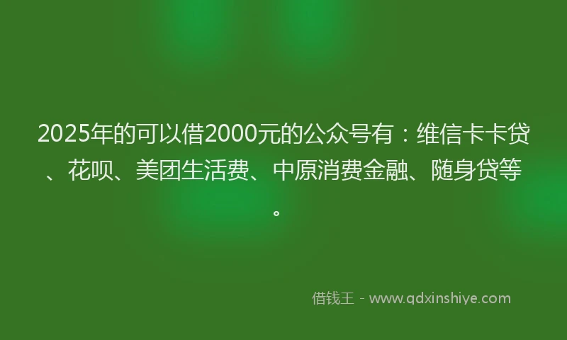 2025年的可以借2000元的公众号有：维信卡卡贷、花呗、美团生活费、中原消费金融、随身贷等。
