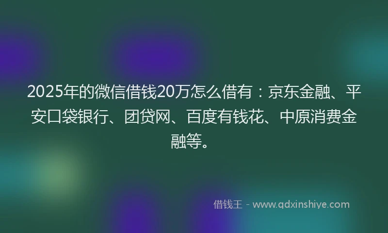 2025年的微信借钱20万怎么借有：京东金融、平安口袋银行、团贷网、百度有钱花、中原消费金融等。