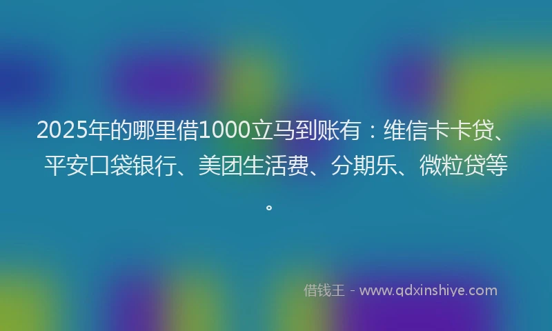 2025年的哪里借1000立马到账有：维信卡卡贷、平安口袋银行、美团生活费、分期乐、微粒贷等。
