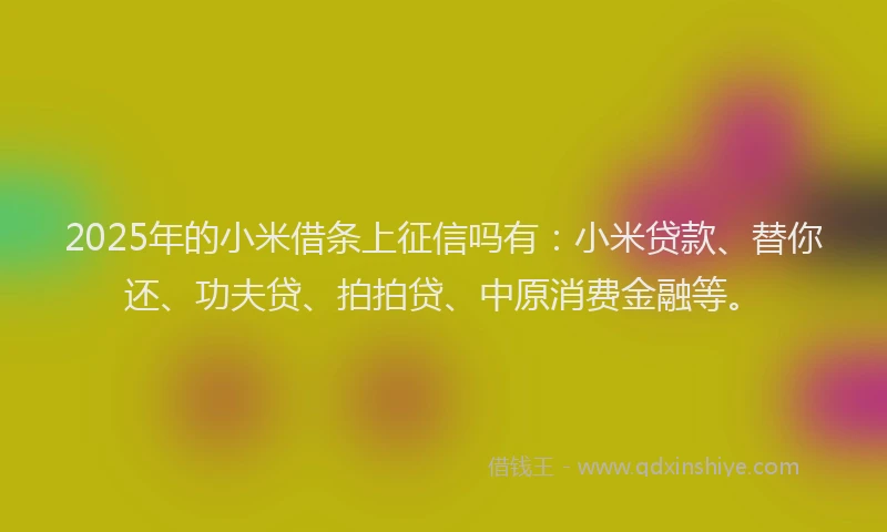 2025年的小米借条上征信吗有:小米贷款、替你还、功夫贷、拍拍贷、中原消费金融等。