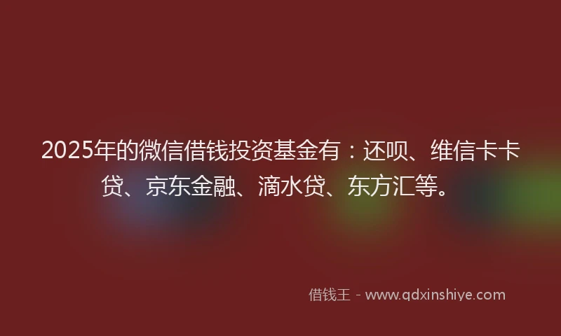 2025年的微信借钱投资基金有：还呗、维信卡卡贷、京东金融、滴水贷、东方汇等。