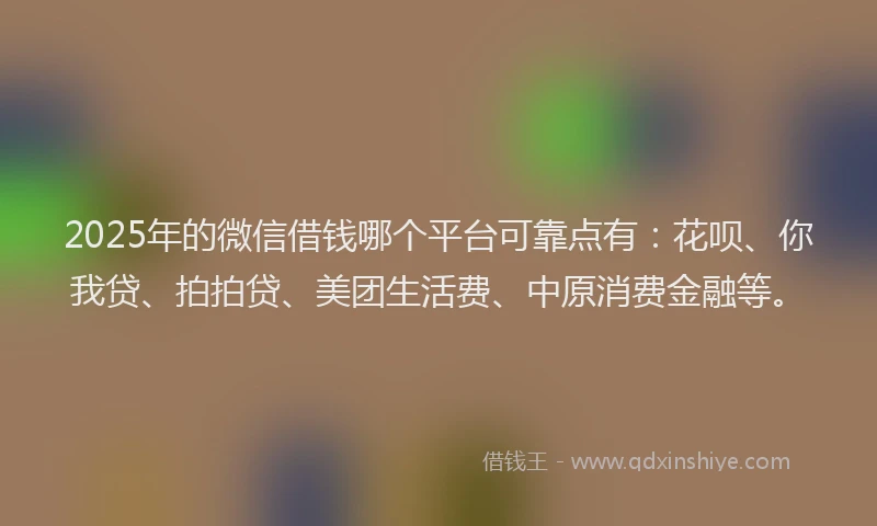 2025年的微信借钱哪个平台可靠点有：花呗、你我贷、拍拍贷、美团生活费、中原消费金融等。