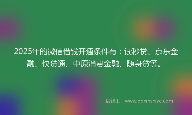 2025年的微信借钱开通条件有：读秒贷、京东金融、快贷通、中原消费金融、随身贷等。