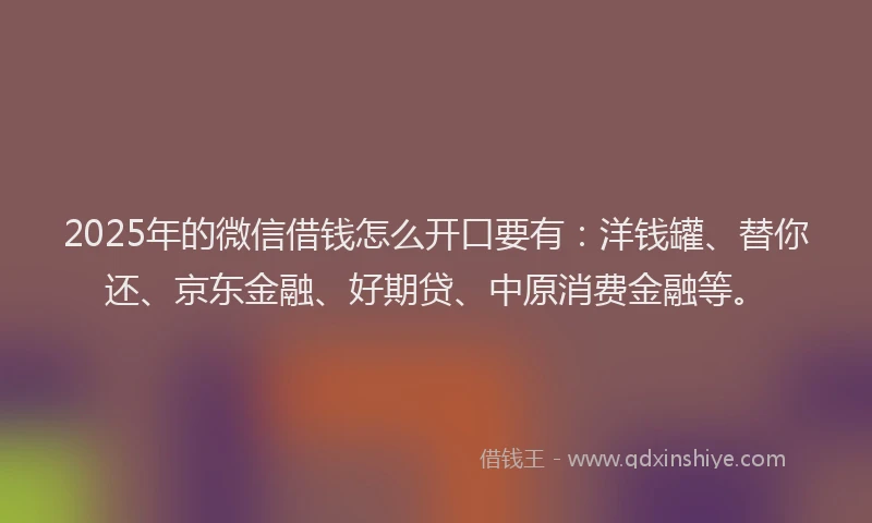2025年的微信借钱怎么开口要有：洋钱罐、替你还、京东金融、好期贷、中原消费金融等。