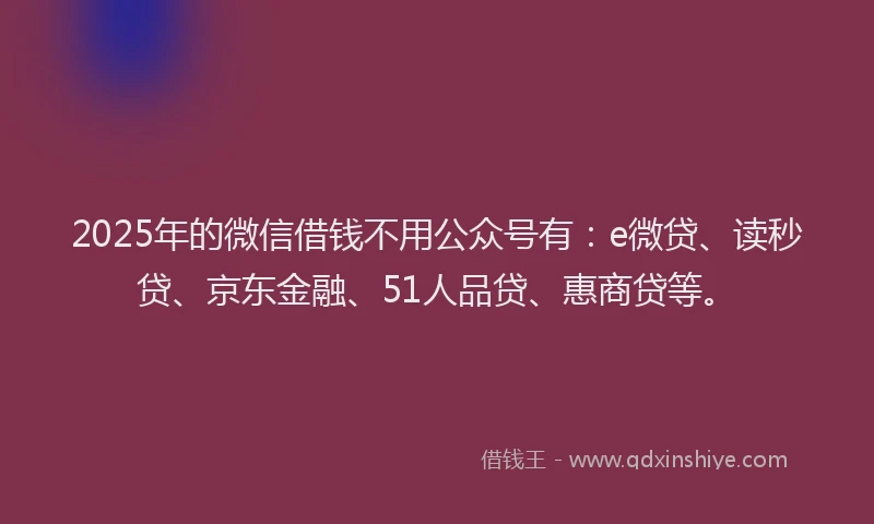2025年的微信借钱不用公众号有：e微贷、读秒贷、京东金融、51人品贷、惠商贷等。
