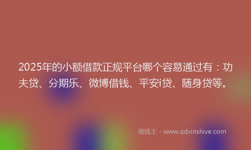 2025年的小额借款正规平台哪个容易通过有：功夫贷、分期乐、微博借钱、平安i贷、随身贷等。