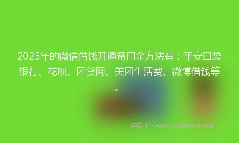 2025年的微信借钱开通备用金方法有：平安口袋银行、花呗、团贷网、美团生活费、微博借钱等。