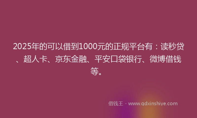 2025年的可以借到1000元的正规平台有：读秒贷、超人卡、京东金融、平安口袋银行、微博借钱等。