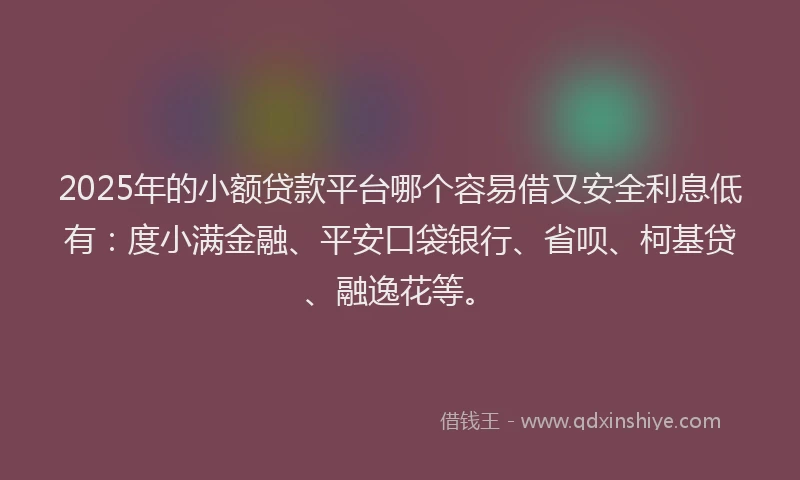 2025年的小额贷款平台哪个容易借又安全利息低有：度小满金融、平安口袋银行、省呗、柯基贷、融逸花等。