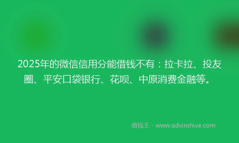 2025年的微信信用分能借钱不有：拉卡拉、投友圈、平安口袋银行、花呗、中原消费金融等。
