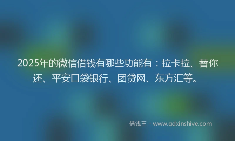 2025年的微信借钱有哪些功能有：拉卡拉、替你还、平安口袋银行、团贷网、东方汇等。