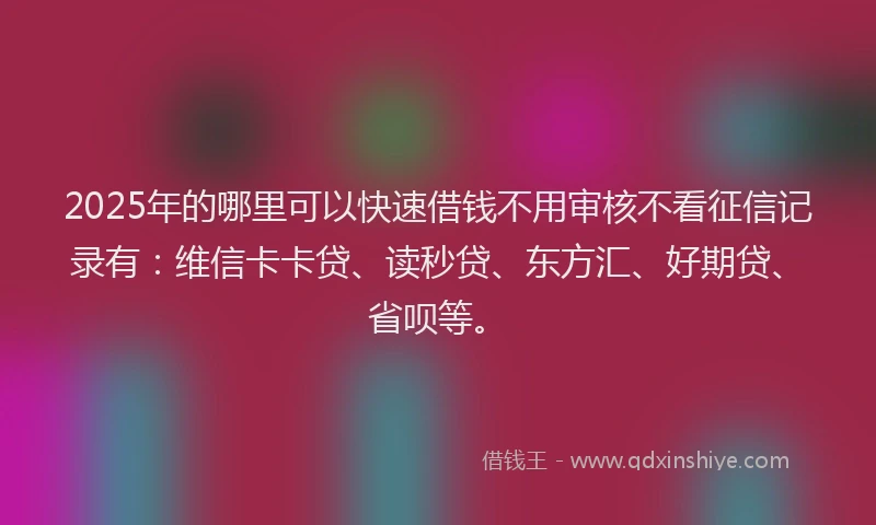 2025年的哪里可以快速借钱不用审核不看征信记录有：维信卡卡贷、读秒贷、东方汇、好期贷、省呗等。