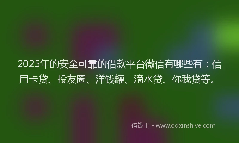 2025年的安全可靠的借款平台微信有哪些有：信用卡贷、投友圈、洋钱罐、滴水贷、你我贷等。
