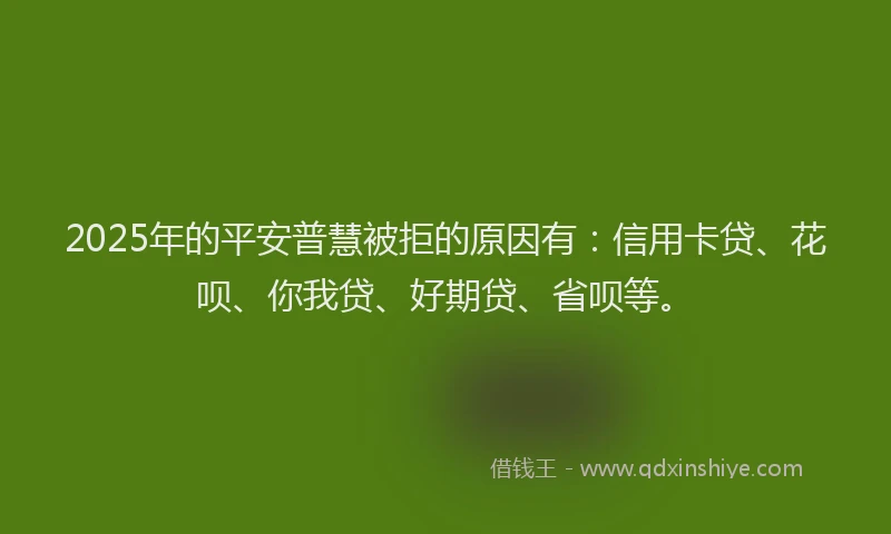 2025年的平安普慧被拒的原因有：信用卡贷、花呗、你我贷、好期贷、省呗等。