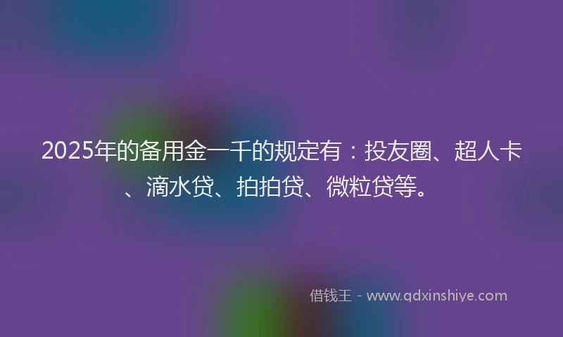 2025年的备用金一千的规定有：投友圈、超人卡、滴水贷、拍拍贷、微粒贷等。