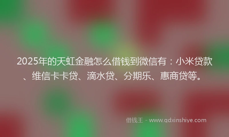 2025年的天虹金融怎么借钱到微信有：小米贷款、维信卡卡贷、滴水贷、分期乐、惠商贷等。