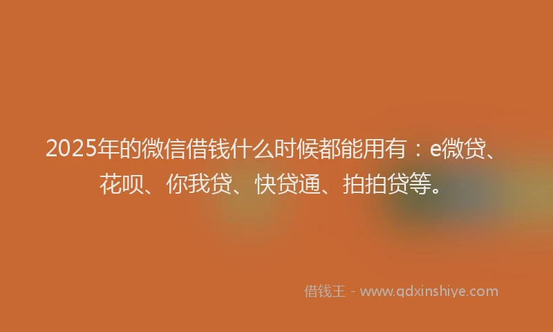 2025年的微信借钱什么时候都能用有：e微贷、花呗、你我贷、快贷通、拍拍贷等。