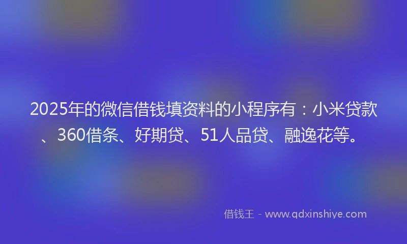 2025年的微信借钱填资料的小程序有：小米贷款、360借条、好期贷、51人品贷、融逸花等。