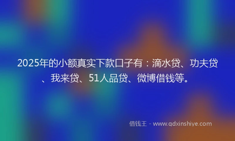 2025年的小额真实下款口子有：滴水贷、功夫贷、我来贷、51人品贷、微博借钱等。