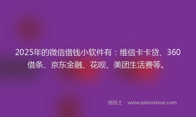 2025年的微信借钱小软件有：维信卡卡贷、360借条、京东金融、花呗、美团生活费等。