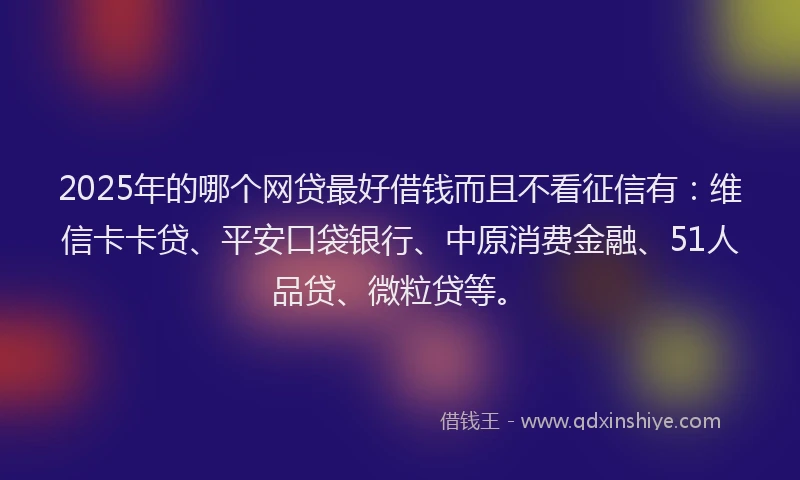 2025年的哪个网贷最好借钱而且不看征信有：维信卡卡贷、平安口袋银行、中原消费金融、51人品贷、微粒贷等。