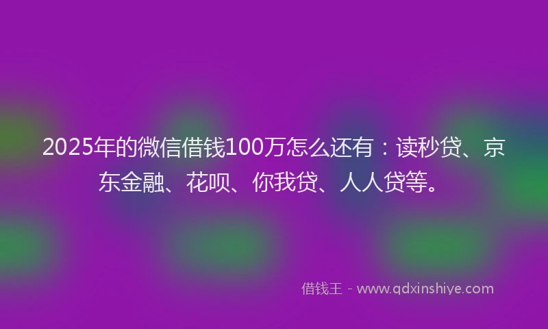 2025年的微信借钱100万怎么还有：读秒贷、京东金融、花呗、你我贷、人人贷等。