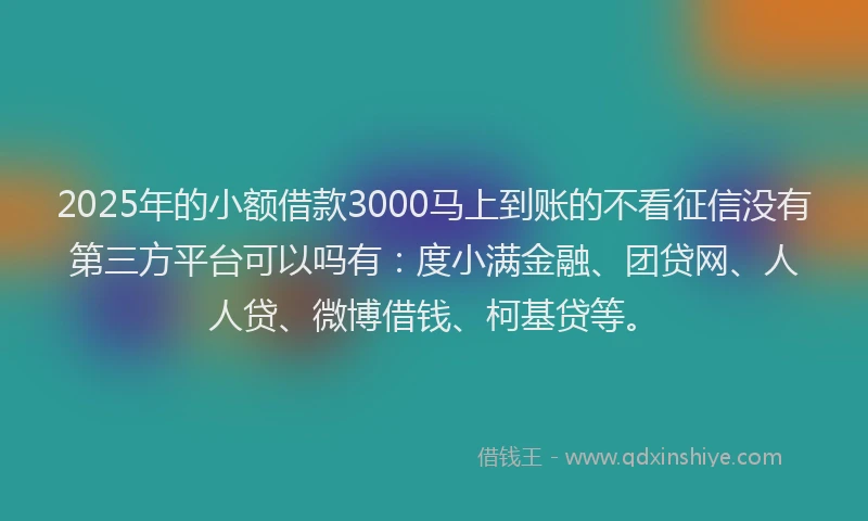 2025年的小额借款3000马上到账的不看征信没有第三方平台可以吗有：度小满金融、团贷网、人人贷、微博借钱、柯基贷等。