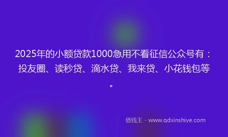 2025年的小额贷款1000急用不看征信公众号有：投友圈、读秒贷、滴水贷、我来贷、小花钱包等。