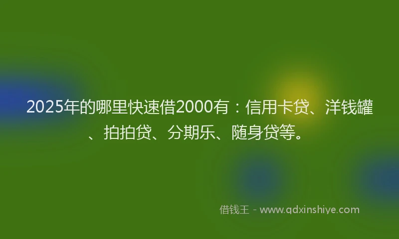 2025年的哪里快速借2000有：信用卡贷、洋钱罐、拍拍贷、分期乐、随身贷等。