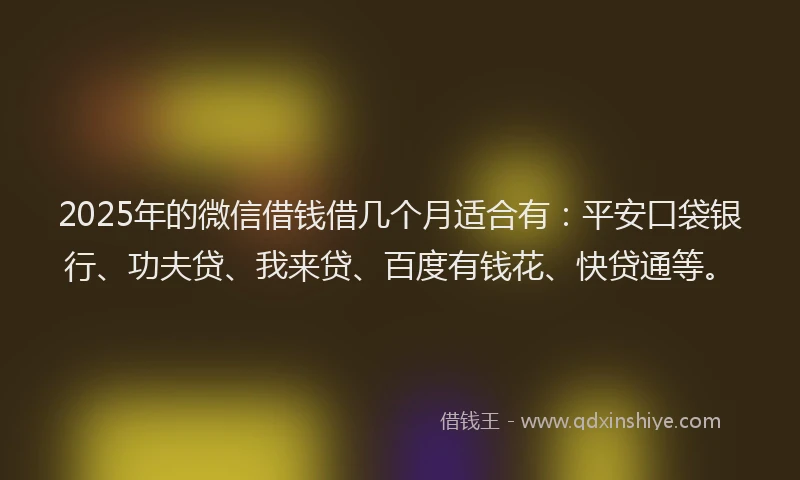 2025年的微信借钱借几个月适合有：平安口袋银行、功夫贷、我来贷、百度有钱花、快贷通等。