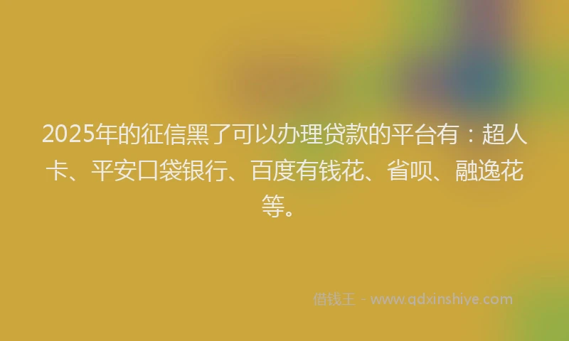 2025年的征信黑了可以办理贷款的平台有：超人卡、平安口袋银行、百度有钱花、省呗、融逸花等。